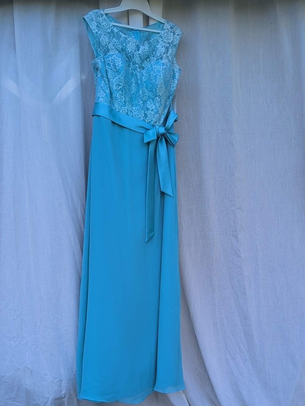 Mary's Bridal Sleeveless Lace Bodice Turquoise Maxi Dress with Waist Bow